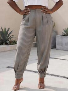 CurvyTilda Plus Size Women's Striped High Waist Pleated Cuffed Pants With Pockets - Khaki - View 3