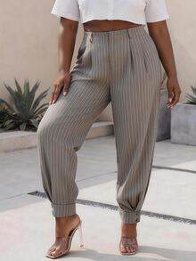 CurvyTilda Plus Size Women's Striped High Waist Pleated Cuffed Pants With Pockets - Khaki - View 4