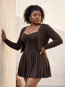CurvyTilda Brown Wrap Minimalist Sexy Spaghetti Strap Mini Sexy Dress & Cardigan 2 Pieces Set, Casual Spring Summer Autumn - Brown - View 1