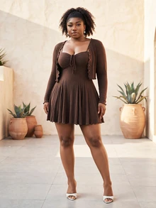 CurvyTilda Brown Wrap Minimalist Sexy Spaghetti Strap Mini Sexy Dress & Cardigan 2 Pieces Set, Casual Spring Summer Autumn - Brown - View 2