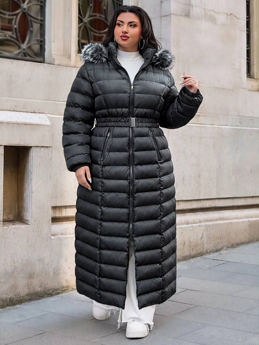 SHEIN Premium Quality, Elasticated Belted, Fur Hooded Maxi Puffer Winter Coat - Black - View 1
