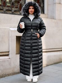 SHEIN Premium Quality, Elasticated Belted, Fur Hooded Maxi Puffer Winter Coat - Black - View 4