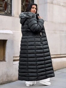 SHEIN Premium Quality, Elasticated Belted, Fur Hooded Maxi Puffer Winter Coat - Black - View 2