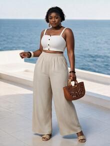 CurvyTilda Plus Size Women Solid Color Wide Leg Loose Casual Vacation Textured Long Pants Fall - Khaki - View 1