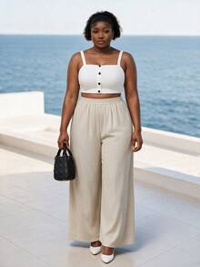 CurvyTilda Plus Size Women Solid Color Wide Leg Loose Casual Vacation Textured Long Pants Fall - Khaki - View 3