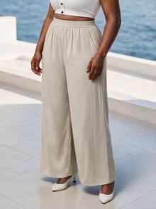 CurvyTilda Plus Size Women Solid Color Wide Leg Loose Casual Vacation Textured Long Pants Fall - Khaki - View 4