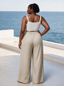 CurvyTilda Plus Size Women Solid Color Wide Leg Loose Casual Vacation Textured Long Pants Fall - Khaki - View 2