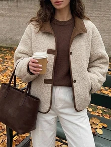 Livesso Women's Beige Polka Dot Turn-Collar Zip-Up Long Sleeve Slim Fit Pocket Decor Short Casual Regular Jacket, Fall/ Everyday Travel Thanksgiving Going Out Winter - White - View 5