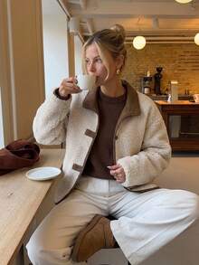 Livesso Women's Beige Polka Dot Turn-Collar Zip-Up Long Sleeve Slim Fit Pocket Decor Short Casual Regular Jacket, Fall/ Everyday Travel Thanksgiving Going Out Winter - White - View 4