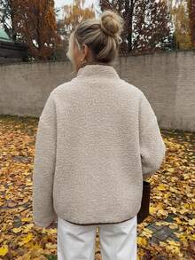 Livesso Women's Beige Polka Dot Turn-Collar Zip-Up Long Sleeve Slim Fit Pocket Decor Short Casual Regular Jacket, Fall/ Everyday Travel Thanksgiving Going Out Winter - White - View 2