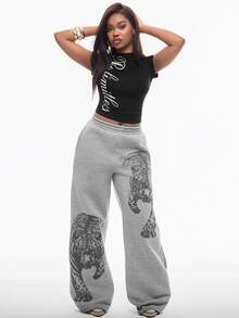 Vadaroq Women's Tree Branch Pattern Wide Leg Casual Pants - Grey - View 4