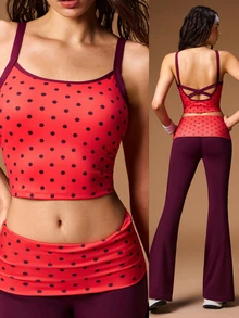 VARSIVA Rompi Olahraga Pendek Wanita Motif Jangkar Merah Polkadot dengan Tali Silang di Belakang, Cocok untuk Latihan Yoga dan Pilates - Merah - View 2