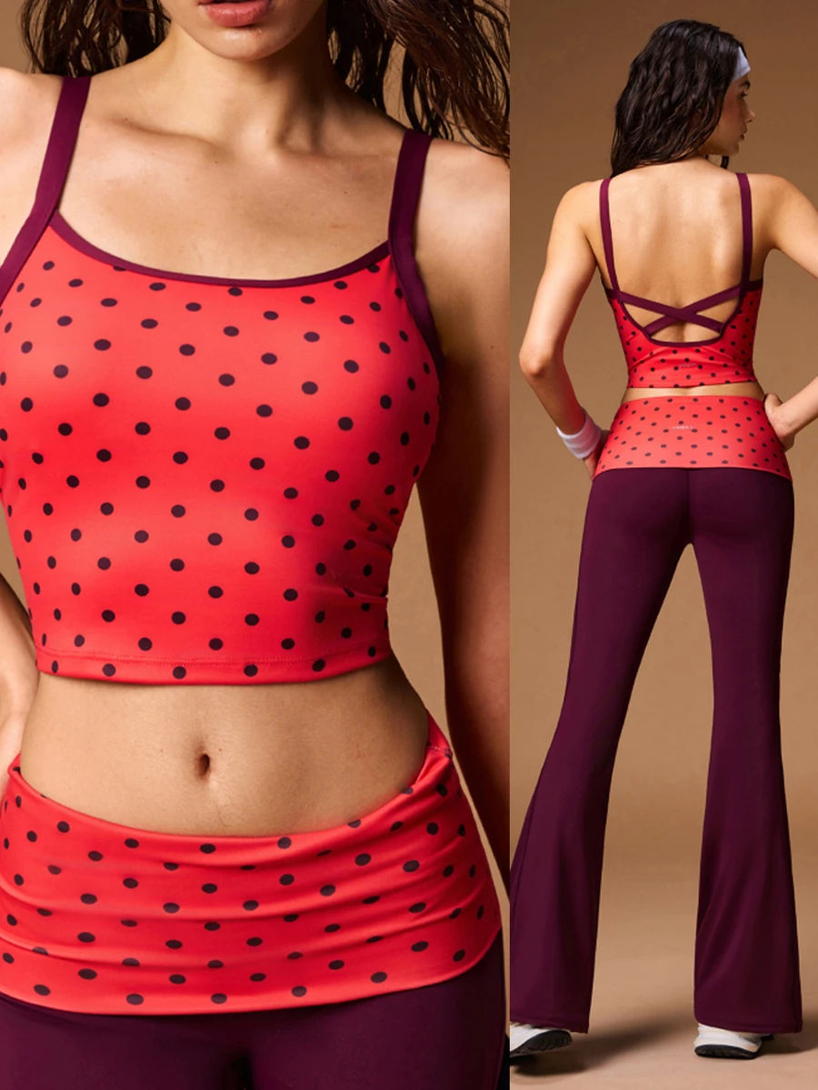 VARSIVA Rompi Olahraga Pendek Wanita Motif Jangkar Merah Polkadot dengan Tali Silang di Belakang, Cocok untuk Latihan Yoga dan Pilates