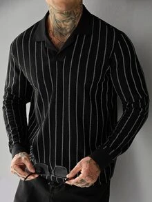 Manfinity Roughcore Men's Black And White Striped Long Sleeve Casual Commute Polo Shirt Office Work Fall - Black - View 1