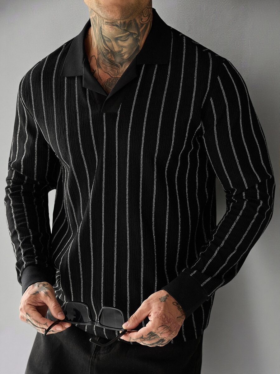 Manfinity Roughcore Men's Black And White Striped Long Sleeve Casual Commute Polo Shirt Office Work Fall - Black - View 1