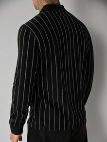 Manfinity Roughcore Men's Black And White Striped Long Sleeve Casual Commute Polo Shirt Office Work Fall - Black - View 2