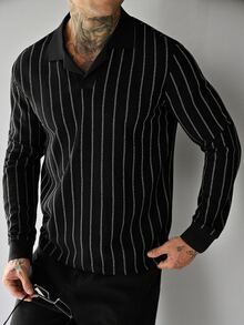 Manfinity Roughcore Men's Black And White Striped Long Sleeve Casual Commute Polo Shirt Office Work Fall - Black - View 5