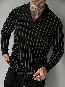 Manfinity Roughcore Men's Black And White Striped Long Sleeve Casual Commute Polo Shirt Office Work Fall - Black - View 3