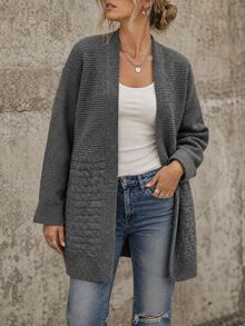 Elafinee Slouchy V-Neck Front Cable Knit Textured Drop Shoulder Long Sleeve Ribbed Cuff Hem Loose Fit Women's Cardigan Travel Gray Fall Casual - Grey - View 6