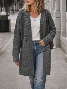 Elafinee Slouchy V-Neck Front Cable Knit Textured Drop Shoulder Long Sleeve Ribbed Cuff Hem Loose Fit Women's Cardigan Travel Gray Fall Casual - Grey - View 3