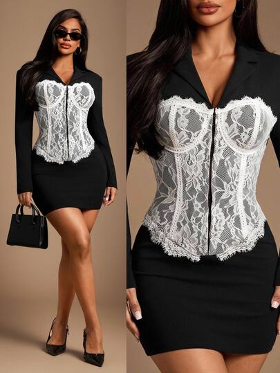Radiana Sexy Elegant Fashion Black Lace Bodice Patchwork Long Sleeve Blazer Mini Dress, Elegant Blazer, Formal Dress, Elegant Dress, Date Dress, Party Dress, Birthday Dress, Charming Sexy Outfit, Office Wear, Work Wear, Urban Wear, Autumn Clothing, Winter Clothing