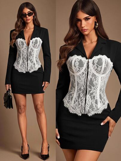 Radiana Sexy Elegant Fashion Black Lace Bodice Patchwork Long Sleeve Blazer Mini Dress, Elegant Blazer, Formal Dress, Elegant Dress, Date Dress, Party Dress, Birthday Dress, Charming Sexy Outfit, Office Wear, Work Wear, Urban Wear, Autumn Clothing, Winter Clothing