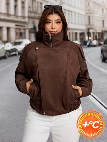 SHEIN LUNE Plus Size Women's Solid Color Long Sleeve Zipper Front Casual Cargo 1920 Vintage Jacket Thanksgiving Holiday Club Going Out Office Brown Autumn Fall - Mocha Brown - View 9