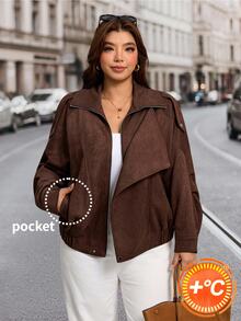 SHEIN LUNE Plus Size Women's Solid Color Long Sleeve Zipper Front Casual Cargo 1920 Vintage Jacket Thanksgiving Holiday Club Going Out Office Brown Autumn Fall - Mocha Brown - View 3