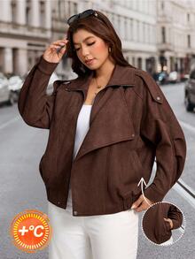 SHEIN LUNE Plus Size Women's Solid Color Long Sleeve Zipper Front Casual Cargo 1920 Vintage Jacket Thanksgiving Holiday Club Going Out Office Brown Autumn Fall - Mocha Brown - View 2
