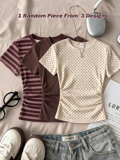 Teen Girls Casual Minimalist Retro Style, Striped Print, Maillard Color Palette, Round Neck Waist Ruched Fitted Short Sleeve T-Shirt, Suitable For Spring/Summer Versatile Style Y2K, Easy Comfort, Tops, Chill, Striped