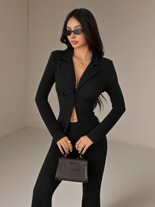 SHEIN PETITE Sexy Casual Business Professional And Elegant Black Fitted Suit Set With Jacket And Flared Trousers For Petite Women. Office Business Work Summer - Black - View 7