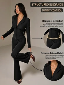 SHEIN PETITE Sexy Casual Business Professional And Elegant Black Fitted Suit Set With Jacket And Flared Trousers For Petite Women. Office Business Work Summer - Black - View 4