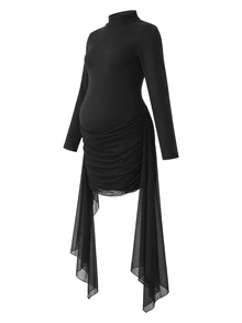Cheriluna Maternity Maternity Photography Dress, Semi-High Neck Dress For Women, Ruched Ribbon Slim Fit Bodycon Long Sleeve Dress - Black - View 8