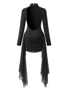 Cheriluna Maternity Maternity Photography Dress, Semi-High Neck Dress For Women, Ruched Ribbon Slim Fit Bodycon Long Sleeve Dress - Black - View 6