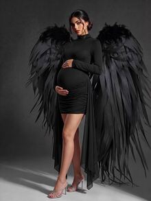 Cheriluna Maternity Maternity Photography Dress, Semi-High Neck Dress For Women, Ruched Ribbon Slim Fit Bodycon Long Sleeve Dress - Black - View 4