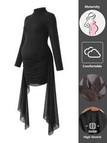 Cheriluna Maternity Maternity Photography Dress, Semi-High Neck Dress For Women, Ruched Ribbon Slim Fit Bodycon Long Sleeve Dress - Black - View 5