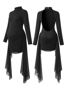 Cheriluna Maternity Maternity Photography Dress, Semi-High Neck Dress For Women, Ruched Ribbon Slim Fit Bodycon Long Sleeve Dress - Black - View 7