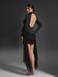 Cheriluna Maternity Maternity Photography Dress, Semi-High Neck Dress For Women, Ruched Ribbon Slim Fit Bodycon Long Sleeve Dress - Black - View 1