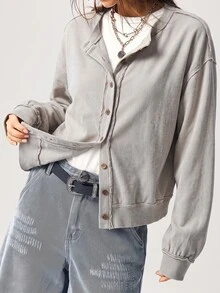 Bohemela Casual Solid Color Knit Loose Washed Women's Top Jacket - White - View 5