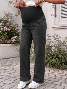 SHEIN Maternity Colorblock Casual Everyday Denim Jeans - Black - View 3