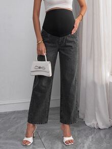 SHEIN Maternity Colorblock Casual Everyday Denim Jeans - Black - View 4