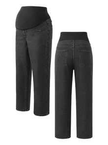 SHEIN Maternity Colorblock Casual Everyday Denim Jeans - Black - View 8