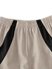 SHEIN 青少年女孩秋季服飾 直筒黑白格紋街頭風休閒制服運動拼接長褲 百搭運動褲 - 米色 - 查看 3