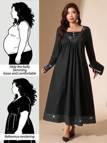 Comfylo Plus Size Elegant Party Night Cocktail Formal Evening Foil Patchwork Dress Autumn Black Fall - Black - View 6