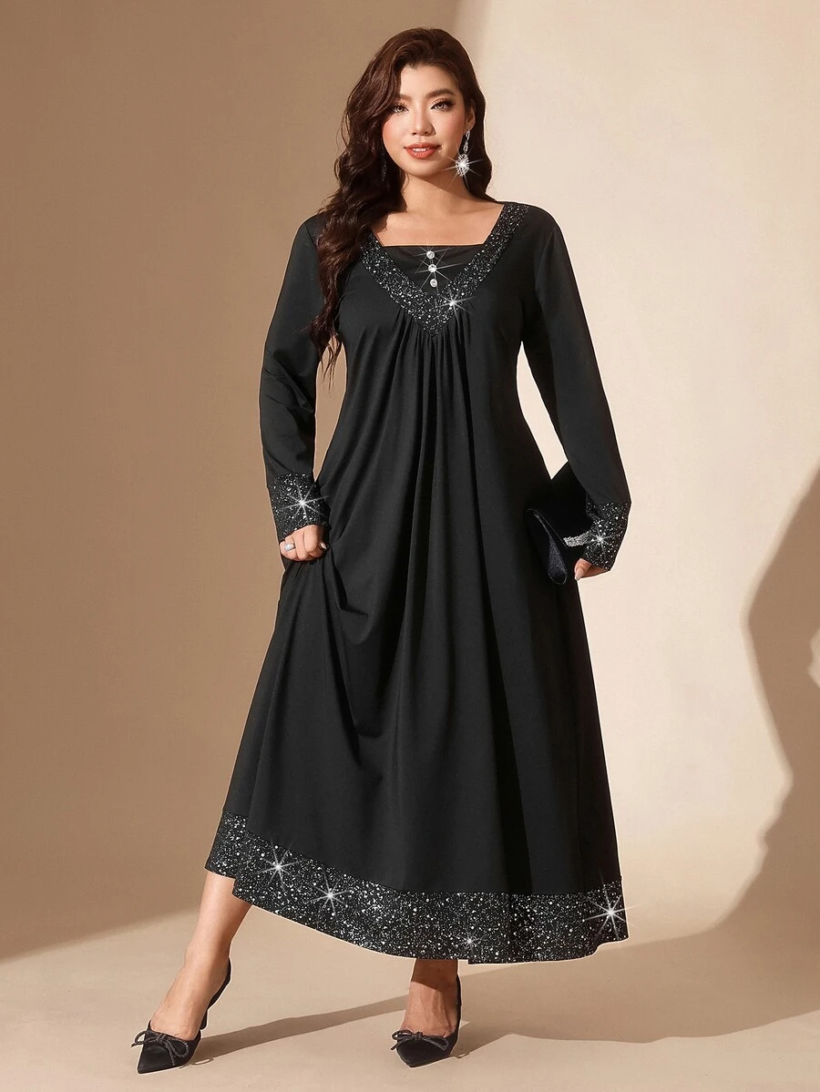 Comfylo Plus Size Elegant Party Night Cocktail Formal Evening Foil Patchwork Dress Autumn Black Fall - Black - View 1