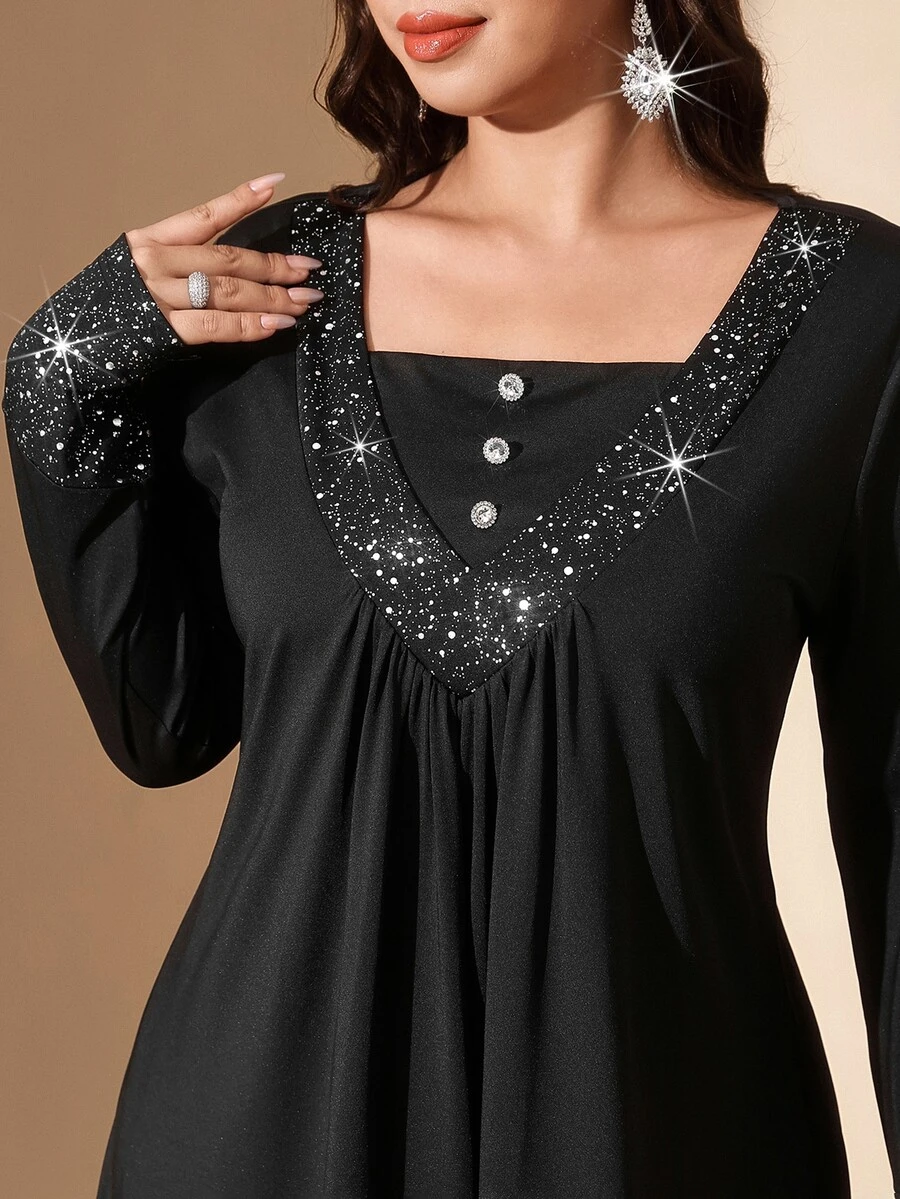 Comfylo Plus Size Elegant Party Night Cocktail Formal Evening Foil Patchwork Dress Autumn Black Fall - Black - View 1