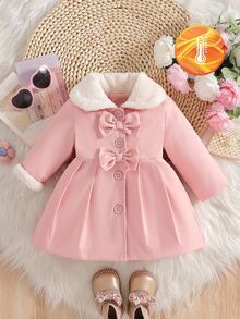 SHEIN Baby Girl Furry Collar Bow Decor Trench Coat, Autumn/Winter Fall - Baby Pink - View 6