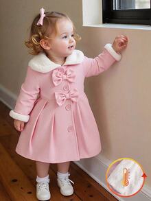 SHEIN Baby Girl Furry Collar Bow Decor Trench Coat, Autumn/Winter Fall - Baby Pink - View 3