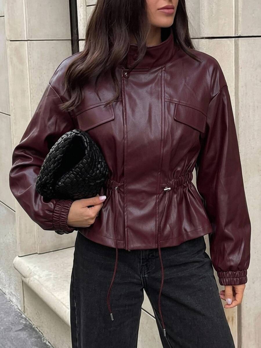 Aloruh Ankara Red Fashionable Commuter Versatile PU Funnel Neck Cinched Waist Drawstring Long Sleeve Elastic Cuff Short Regular Fit Women's Jacket - Burgundy - View 1
