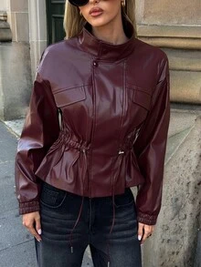 Aloruh Ankara Red Fashionable Commuter Versatile PU Funnel Neck Cinched Waist Drawstring Long Sleeve Elastic Cuff Short Regular Fit Women's Jacket - Burgundy - View 7